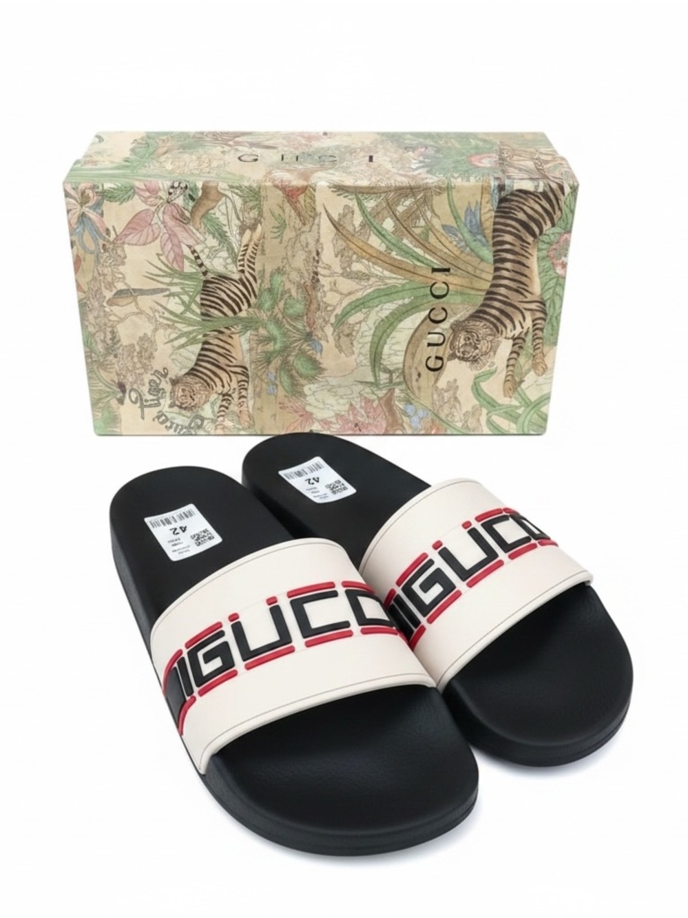 Gucci Black & Cream Logo Slide Sandals with Red Accents